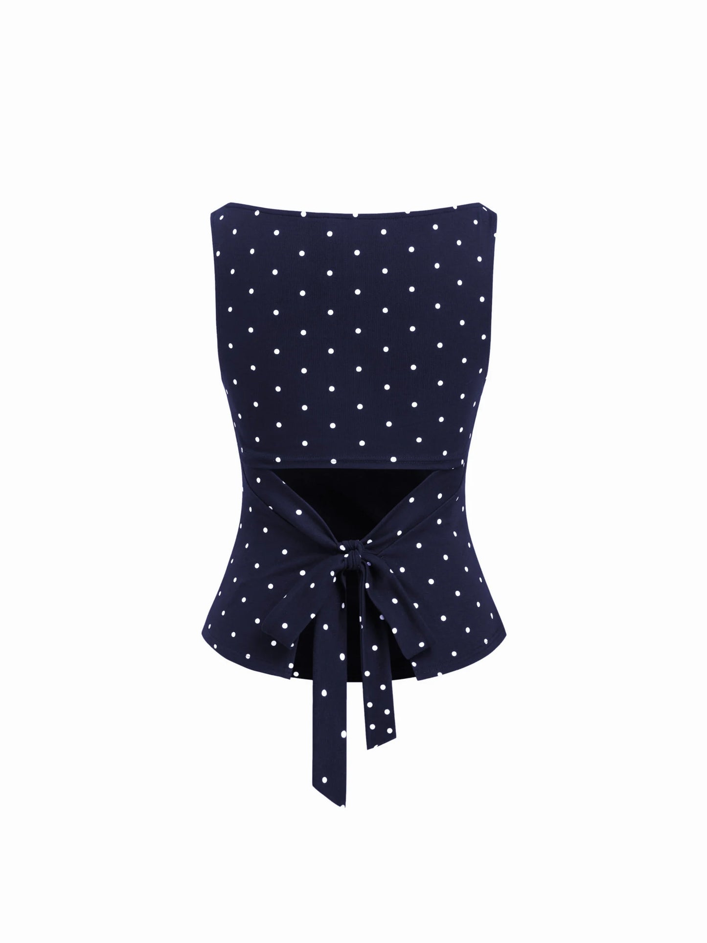 Boat Neck Knotted Polka Dot Ruched Tank Top