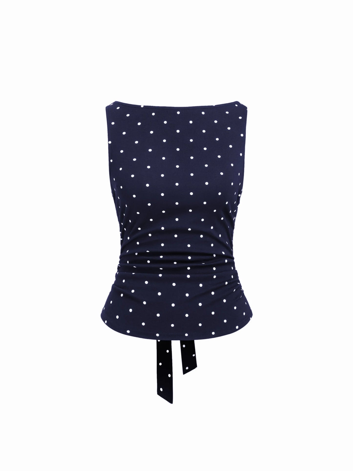 Boat Neck Knotted Polka Dot Ruched Tank Top