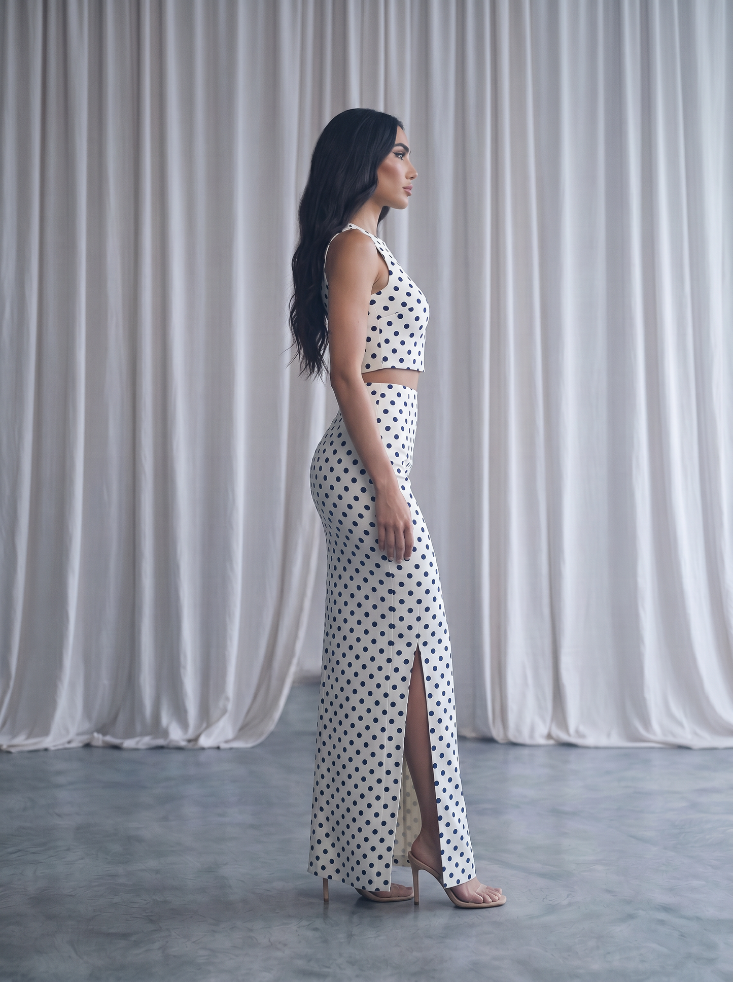 Matching two-piece co-ord set with a classic black-and-white polka dot pattern