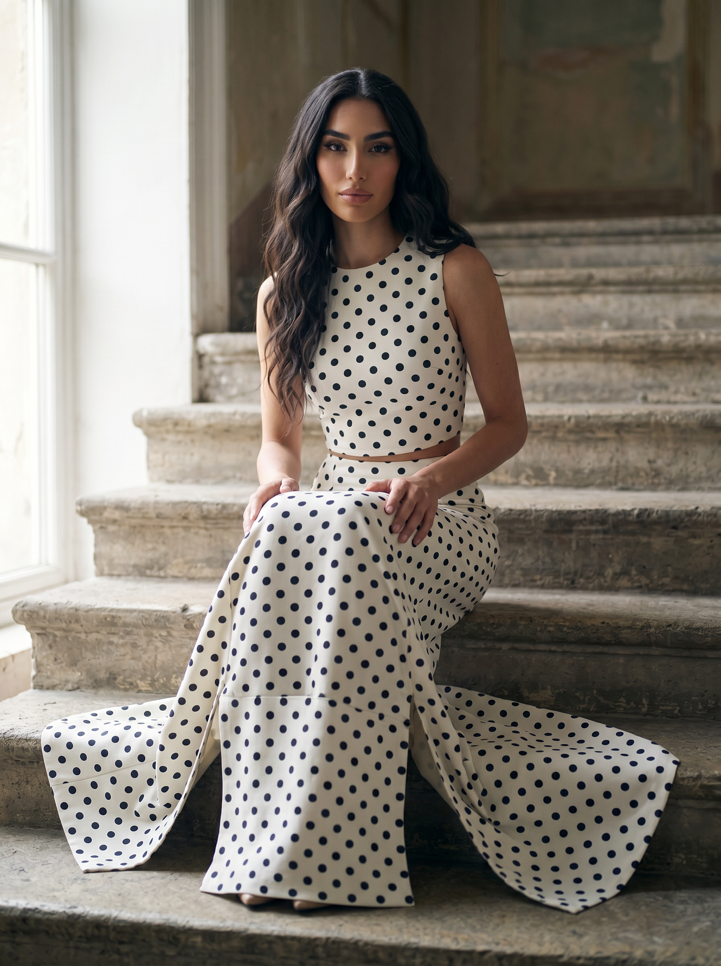 Matching two-piece co-ord set with a classic black-and-white polka dot pattern