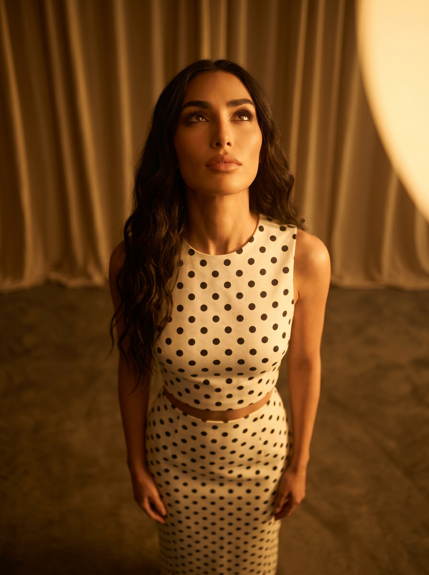 Matching two-piece co-ord set with a classic black-and-white polka dot pattern