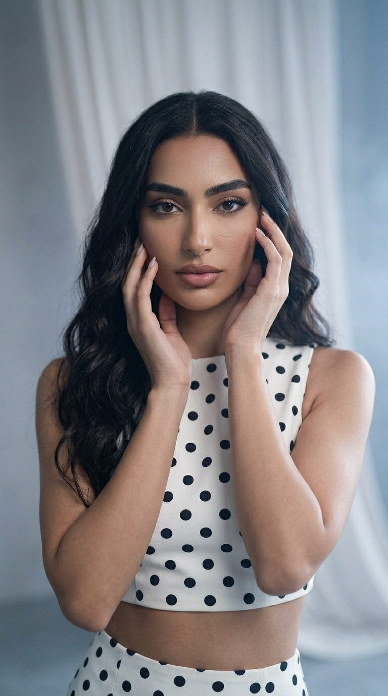 Matching two-piece co-ord set with a classic black-and-white polka dot pattern
