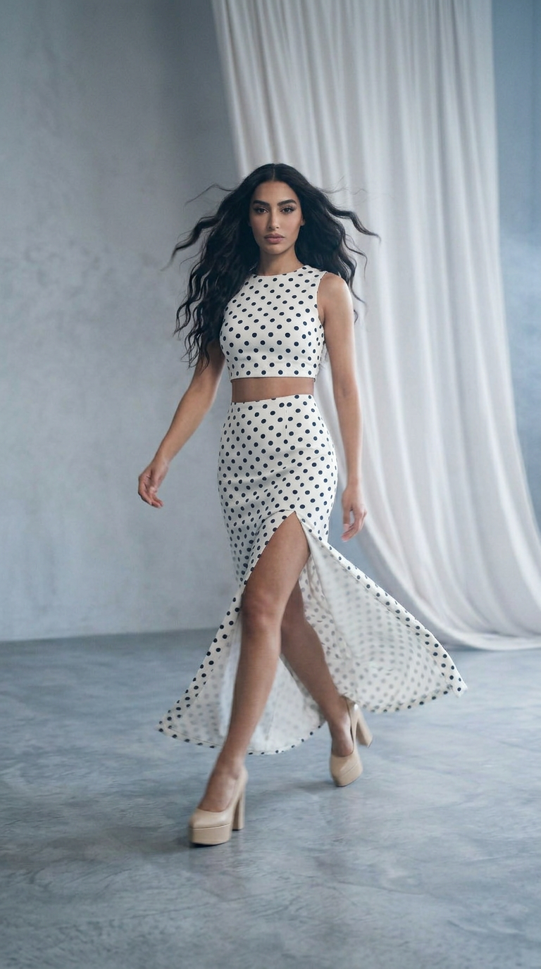 Matching two-piece co-ord set with a classic black-and-white polka dot pattern