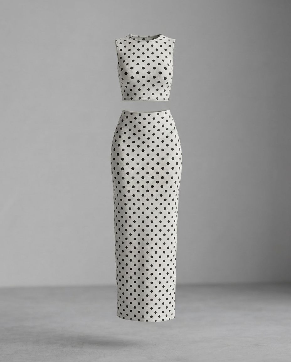Matching two-piece co-ord set with a classic black-and-white polka dot pattern