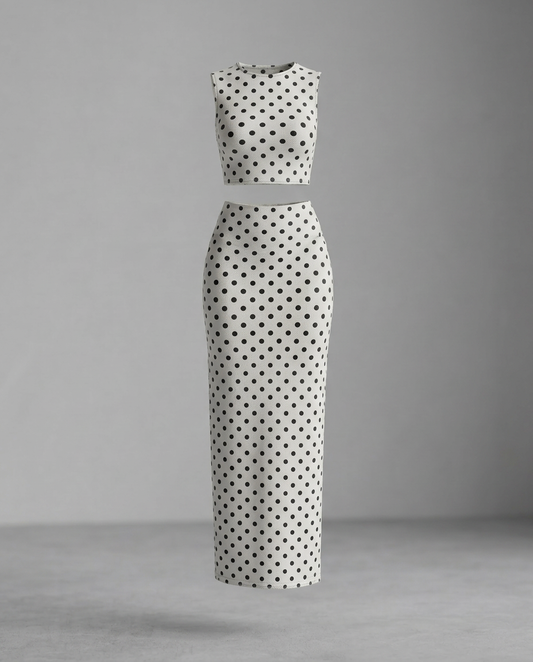 Matching two-piece co-ord set with a classic black-and-white polka dot pattern