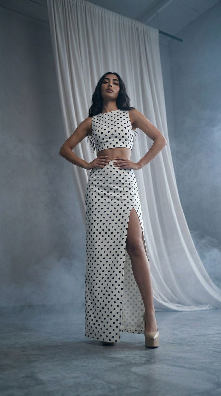Matching two-piece co-ord set with a classic black-and-white polka dot pattern