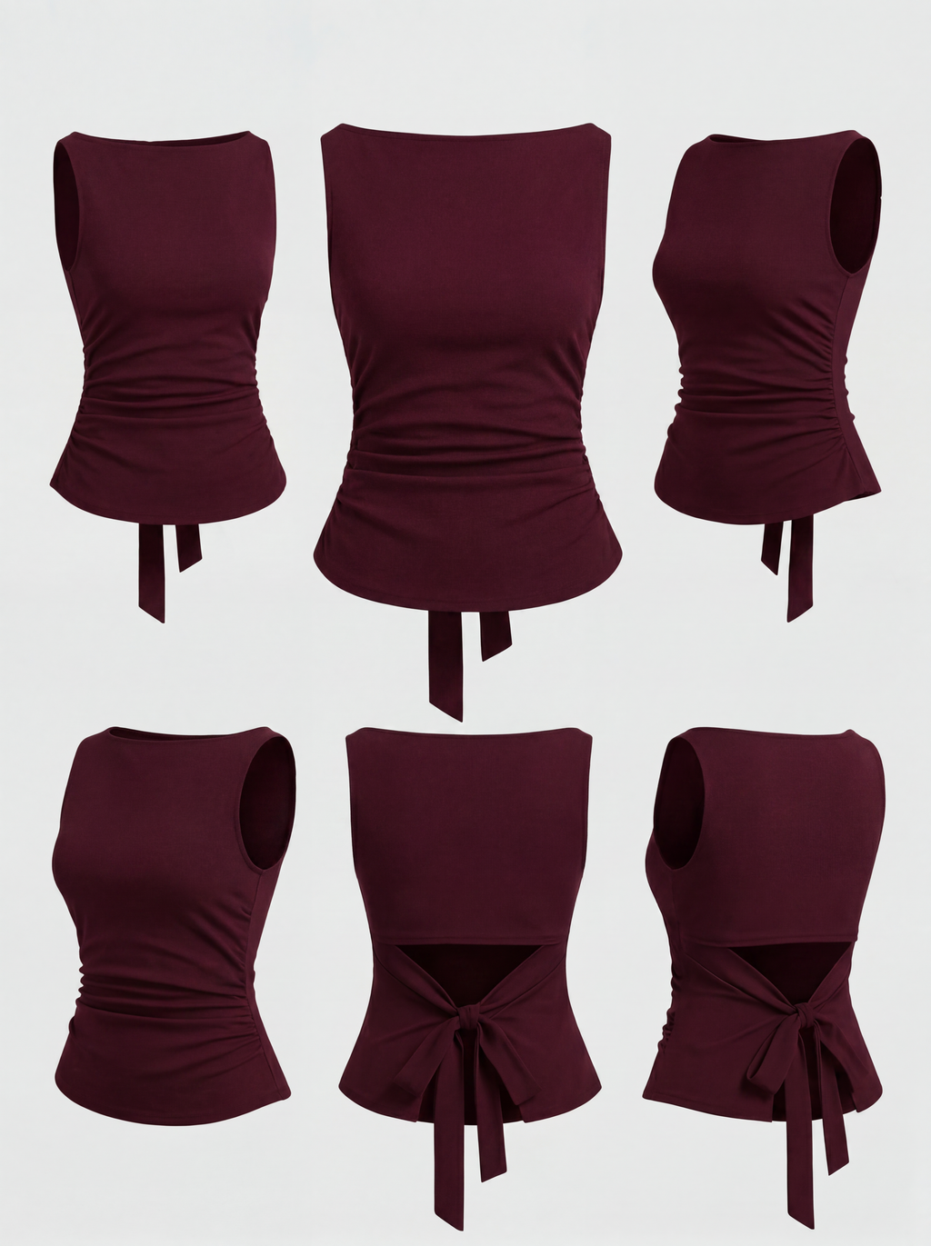 Boat Neck Knotted Plain Ruched Tank Top