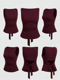 Boat Neck Knotted Plain Ruched Tank Top