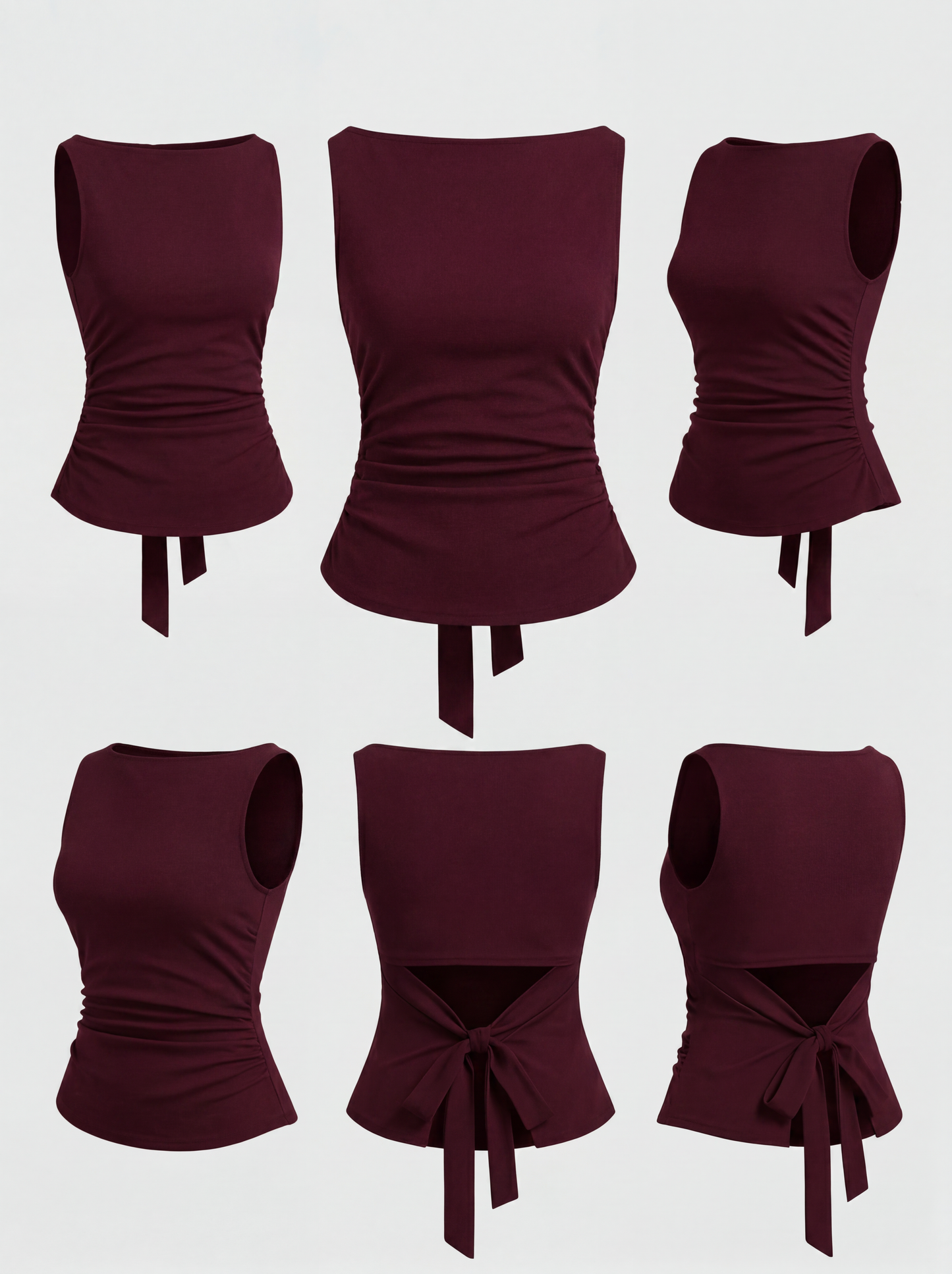 Boat Neck Knotted Plain Ruched Tank Top