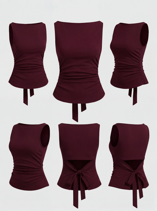 Boat Neck Knotted Plain Ruched Tank Top
