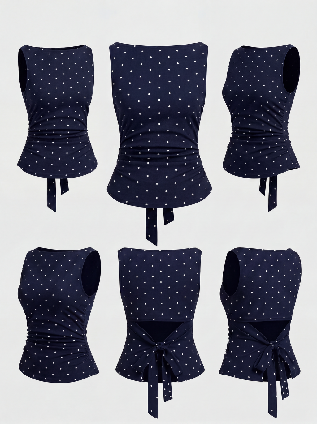 Boat Neck Knotted Polka Dot Ruched Tank Top