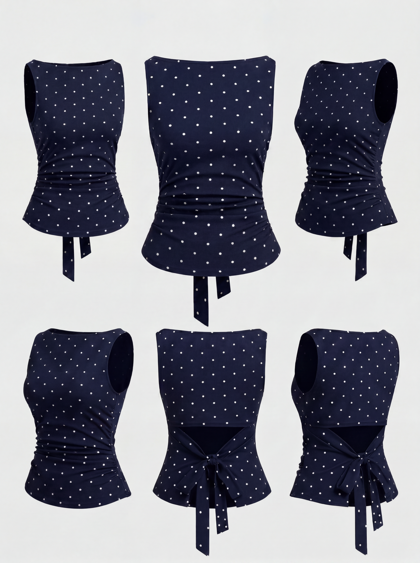Boat Neck Knotted Polka Dot Ruched Tank Top