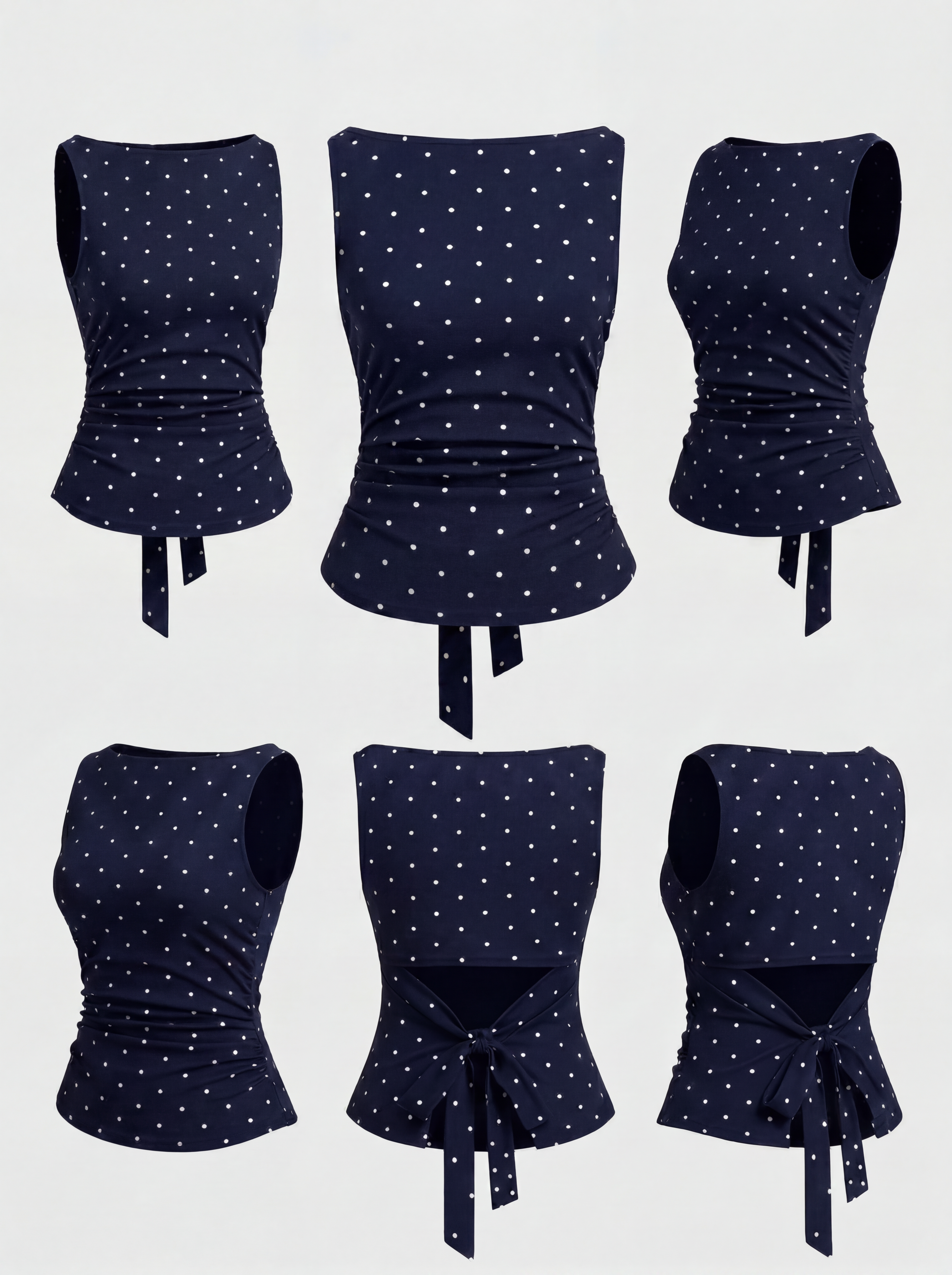 Boat Neck Knotted Polka Dot Ruched Tank Top