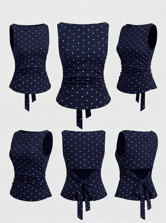 Boat Neck Knotted Polka Dot Ruched Tank Top