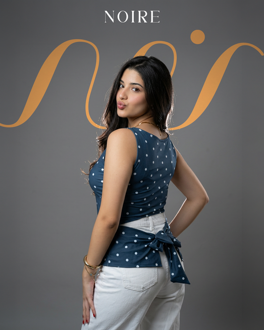 Boat Neck Knotted Polka Dot Ruched Tank Top